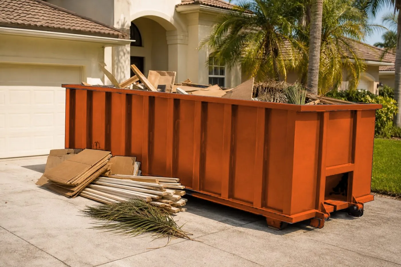 Roll-off container on a paved driveway beside renovation debris