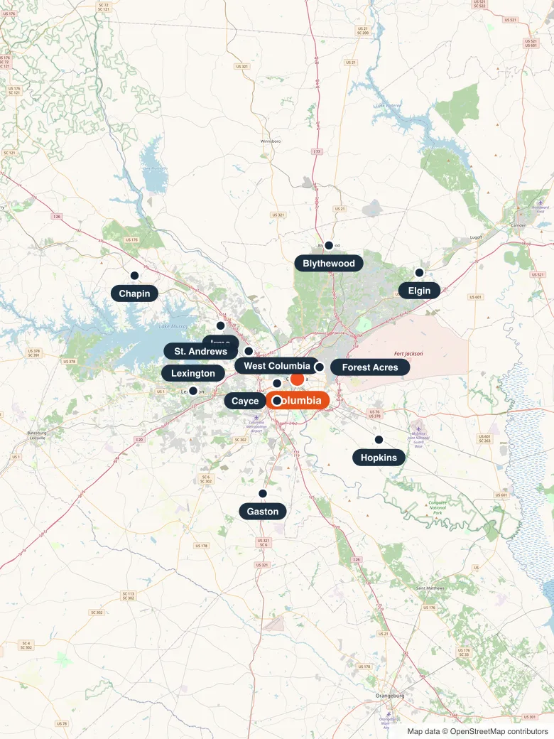 Map of the Columbia Midlands with pins on Columbia and 11 nearby service communities